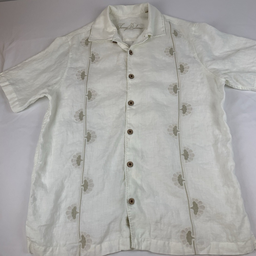 Tommy Bahama Linen Shirt Men's Small embroidered Ivory Short Sleeve Beach
